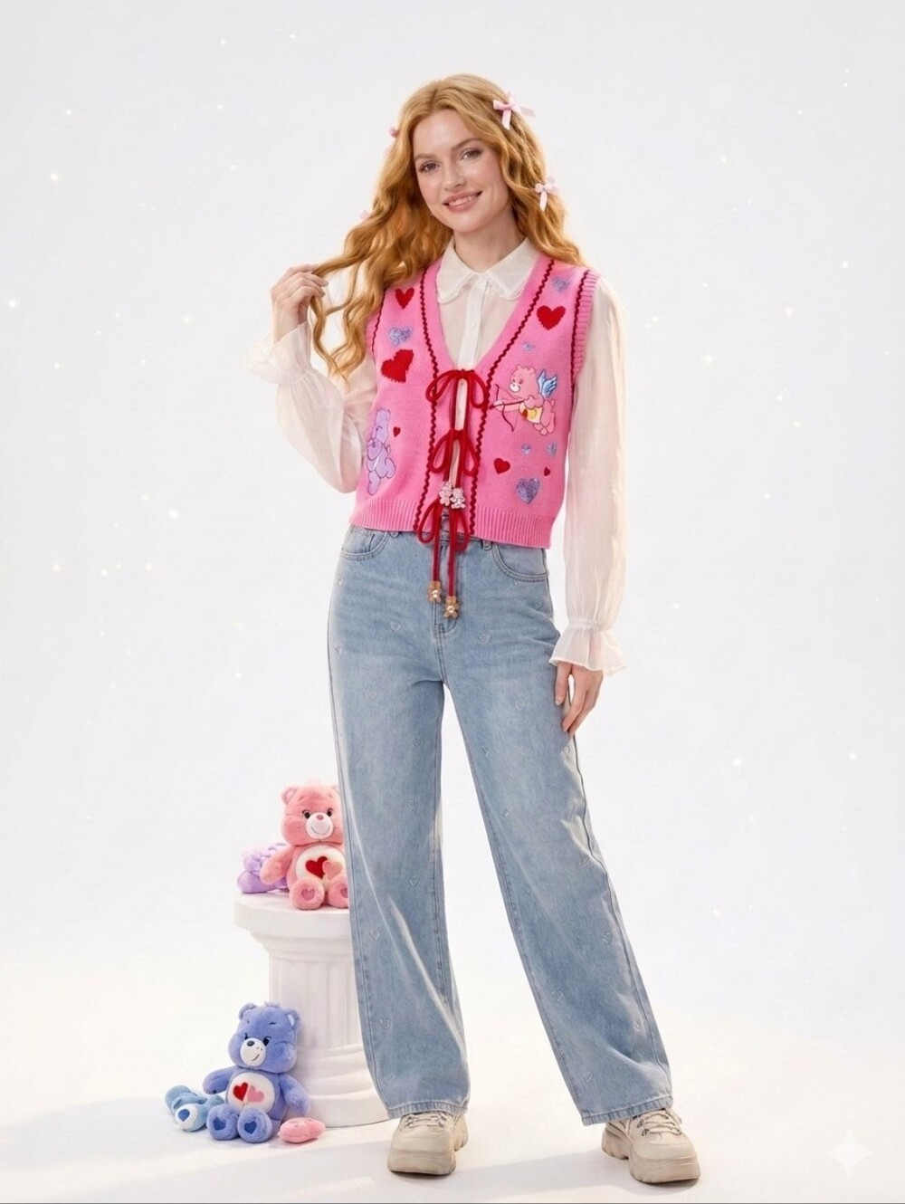 Care Bears Pink Knit Vest with Heart Motifs
